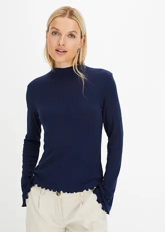 T-shirt côtelé manches longues, Couleur: bleu foncé