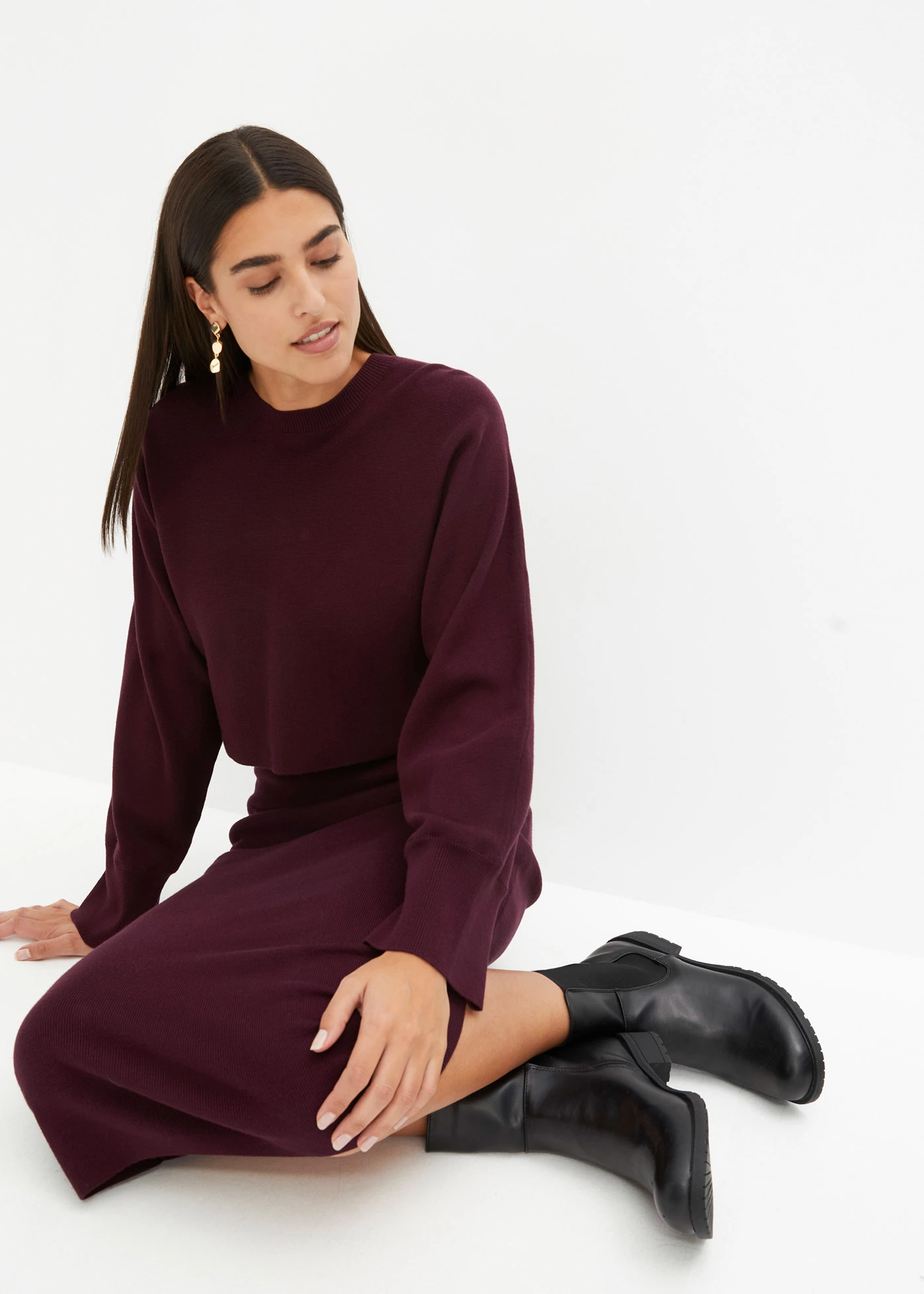 Set rochie tricotată ( set/ 2 piese) • roșu-vineriu • magazin bonprix