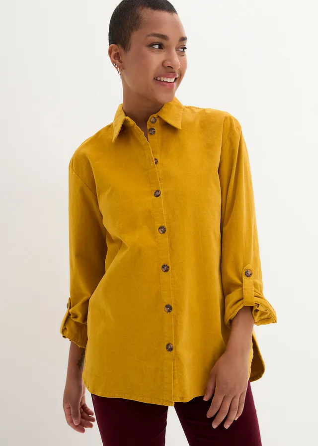 Corduroy blouse met zijsplitten, Kleur: okergoud