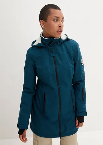 Lange outdoor jas met teddyfleece, waterdicht, Kleur: petrolblauw mêlee