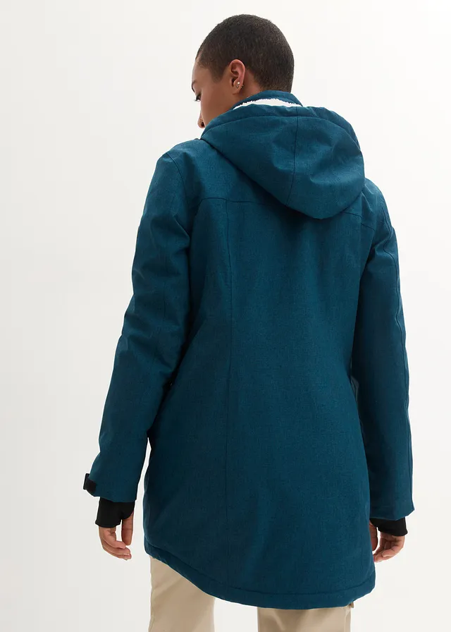 Lange outdoor jas met teddyfleece, waterdicht, Kleur: petrolblauw mêlee