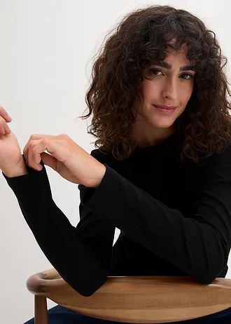 Bluză ripsată cu mâneci lungi, din bumbac 100% • negru • magazin bonprix