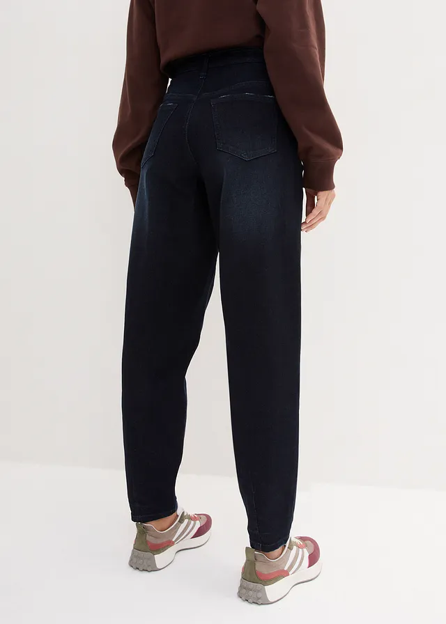 Jean barrel taille haute et élastiquée, Couleur: denim bleu foncé