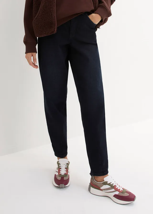 Jean barrel taille haute et élastiquée, Couleur: denim bleu foncé