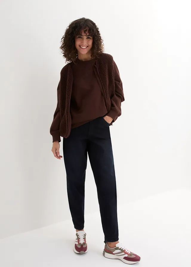 Jean barrel taille haute et élastiquée, Couleur: denim bleu foncé
