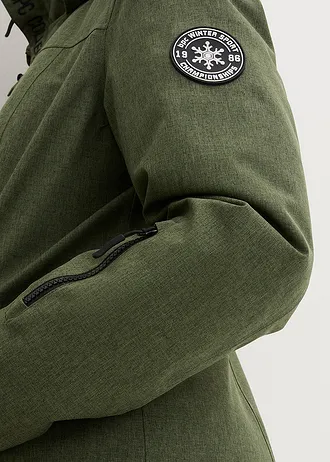 Nepromokavá funkční outdoorová dlouhá bunda s medvídkovým flísem • tmavý khaki melír • bonprix obchod