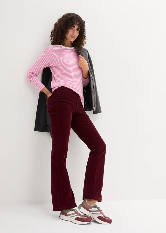 Flared stretch corduroy broek met high-waist comfortband • donkerbessen • product-page.page-title-suffix