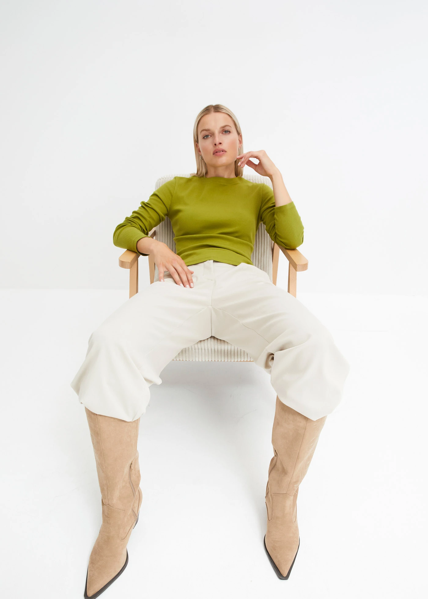 Bluză ripsată cu mâneci lungi, din bumbac 100% • verde mușchi • magazin bonprix