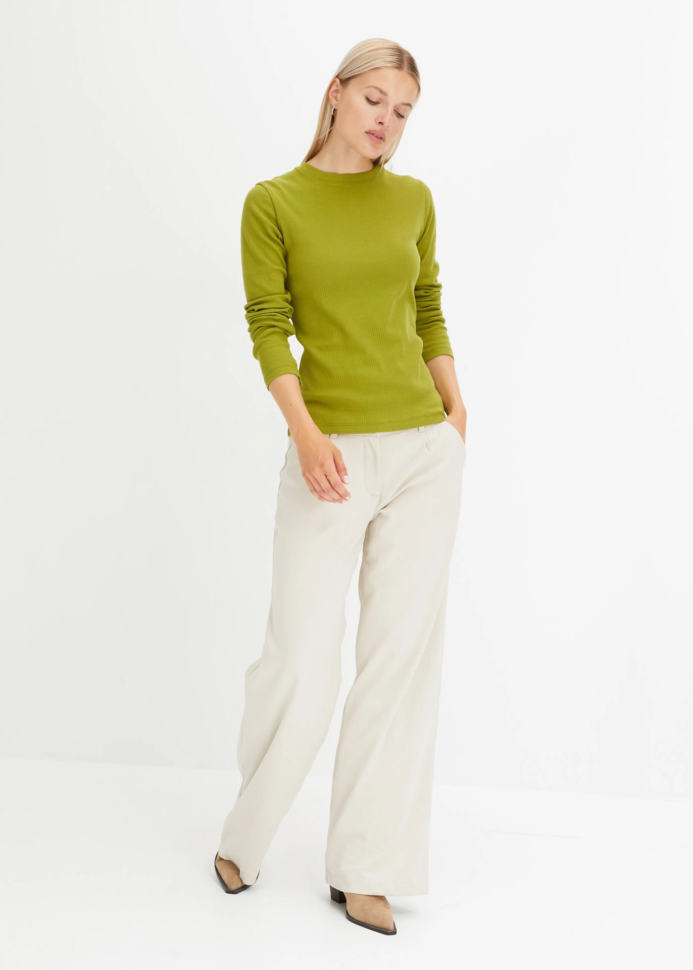 Bluză ripsată cu mâneci lungi, din bumbac 100% • verde mușchi • magazin bonprix