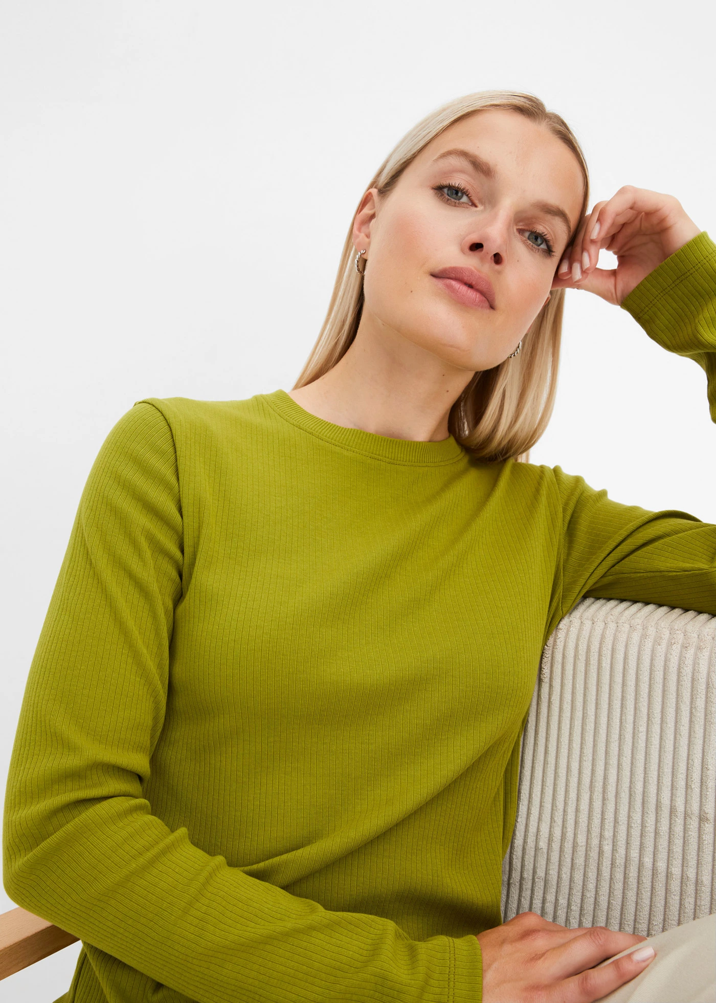 Bluză ripsată cu mâneci lungi, din bumbac 100% • verde mușchi • magazin bonprix