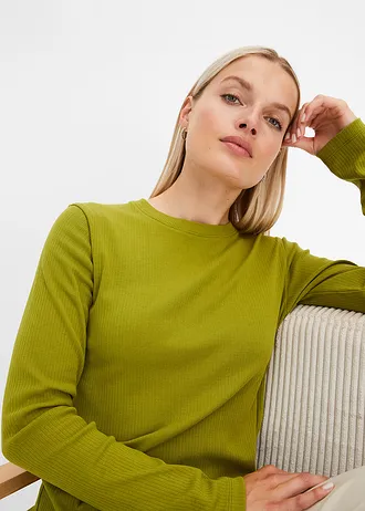 Bluză ripsată cu mâneci lungi, din bumbac 100% • verde mușchi • magazin bonprix