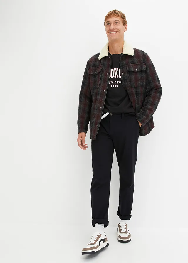 Pantalon chino en coton extensible, ample et droit, Couleur: noir