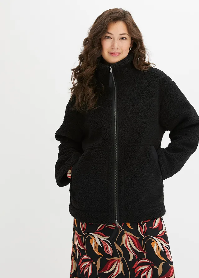 Gevoerde teddy fleece jas, Kleur: zwart