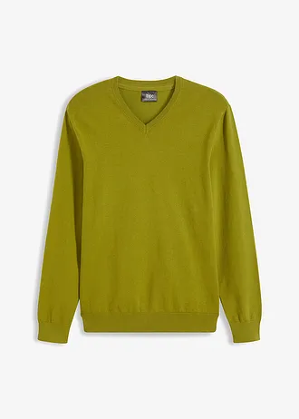 Fijngebreide trui met V-hals in een zachte katoenmix • mosgroen • bonprix online shop