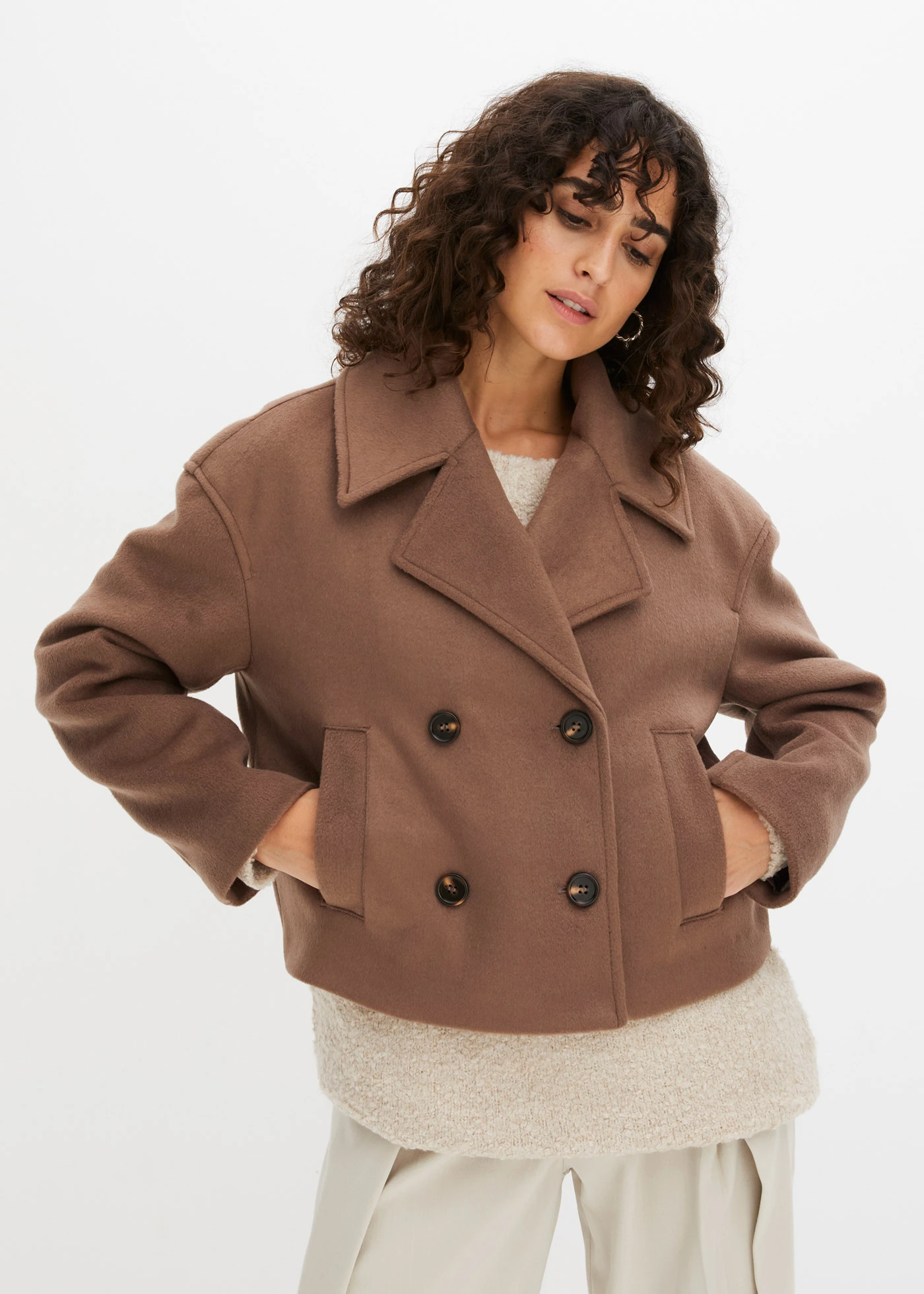 Korte peacoat in wollen look • mat bruin • bonprix online shop