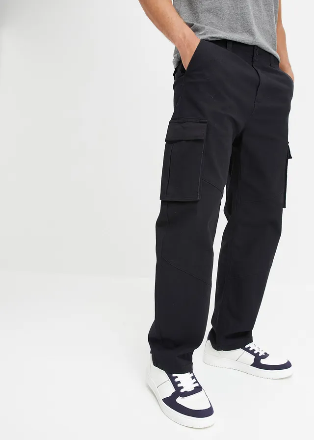 Loose fit stretch cargo broek, extra wijd, Kleur: zwart