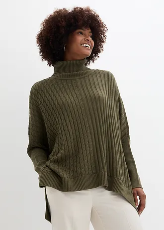 Oversized poncho trui, Kleur: donkerolijfgroen