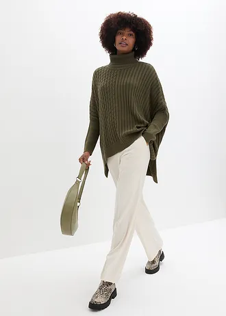 Oversized poncho trui, Kleur: donkerolijfgroen