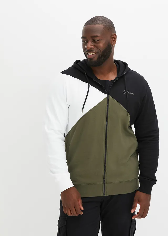 Sweatvest met capuchon van puur biologisch katoen, Kleur: zwart-wit-donkerolijfgroen
