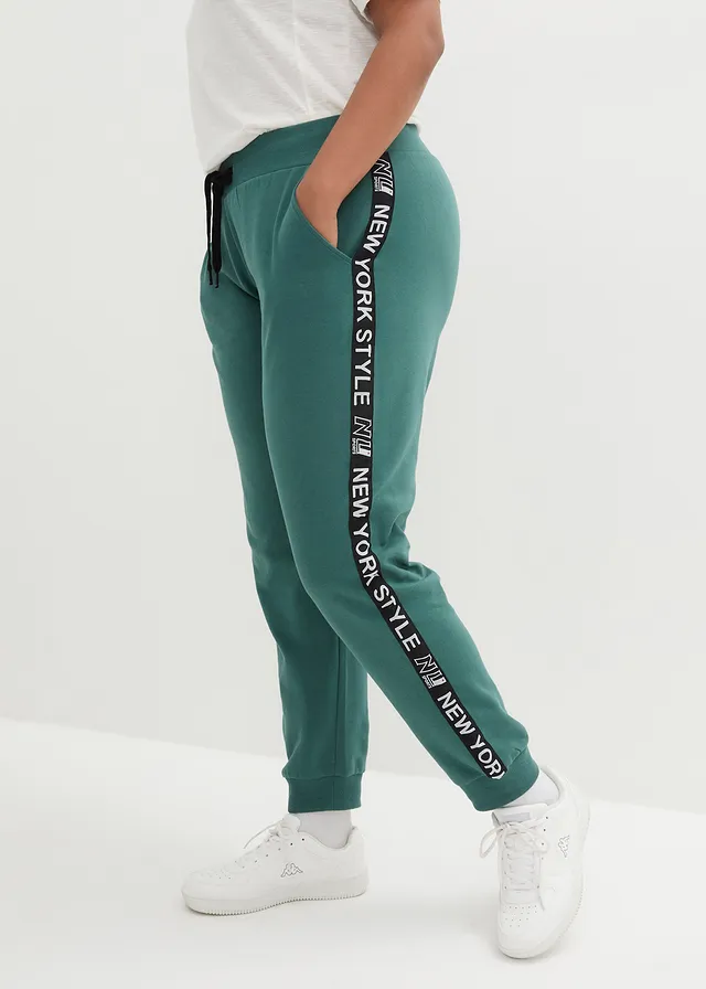 Pantalon de jogging avec finitions bord-côtes et imprimé, Couleur: vert mat imprimé