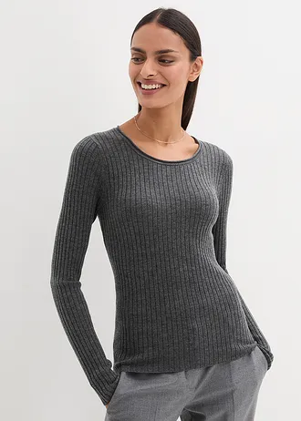 Žebrovaný svetr z merino vlny • středně šedý melír • bonprix obchod