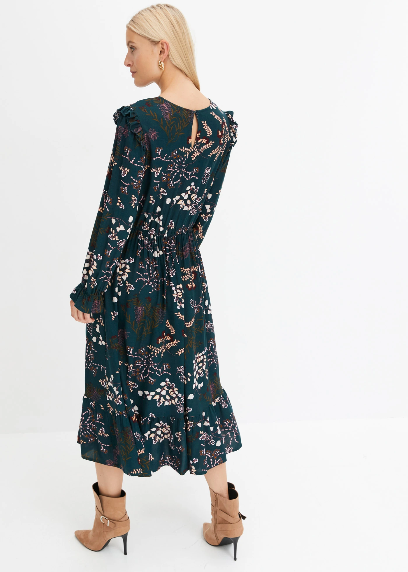 Midi šaty z čisté viskózy • tmavě zelená s květy • bonprix obchod