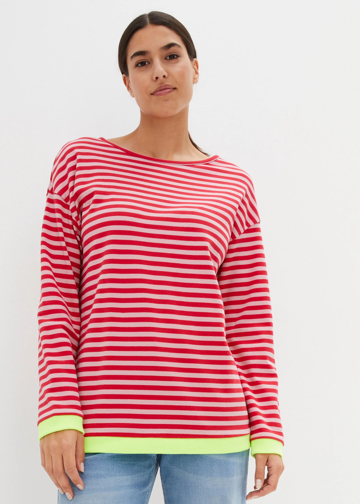 T-shirt à manches • rose cendre-rouge rayures • Boutique bonprix