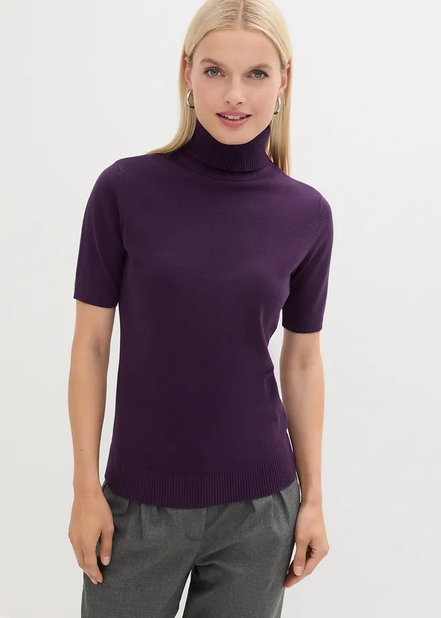 Pull col roulé à manches courtes, Couleur: violet foncé