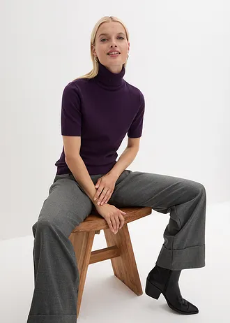 Svetr s rolákovým límcem, krátký rukáv • tmavě fialová • bonprix obchod