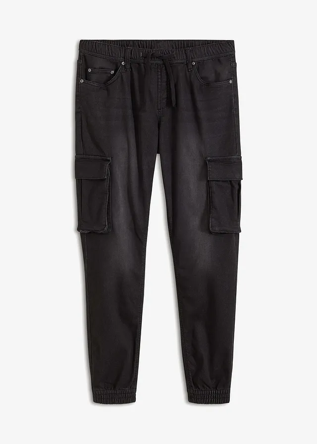 Jean jogger droit, slim, taille élastiquée et poches cargo • noir denim • Boutique bonprix