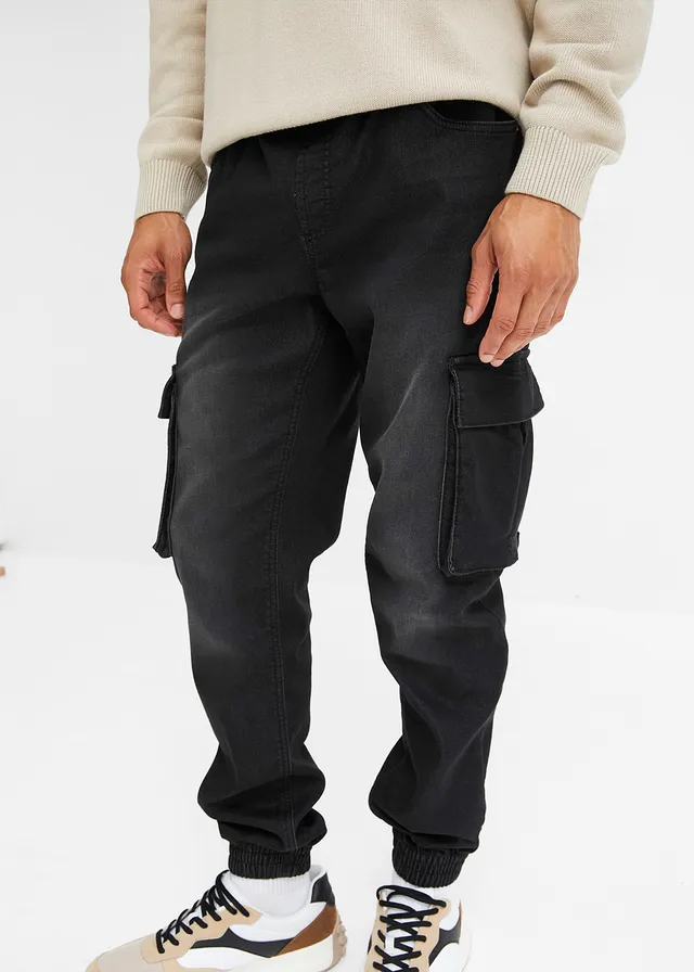 Jean jogger droit, slim, taille élastiquée et poches cargo • noir denim • product-page.page-title-suffix