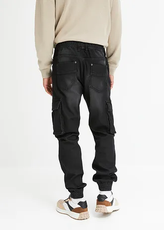 Jean jogger droit, slim, taille élastiquée et poches cargo • noir denim • Boutique bonprix