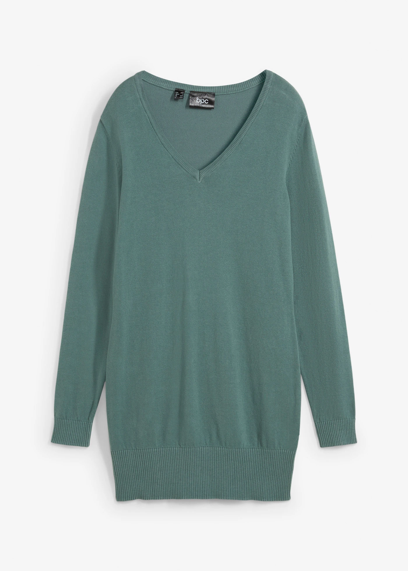 Długi sweter z cienkiej dzianiny z kolekcji basic z dekoltem w serek • szarozielony • sklep bonprix