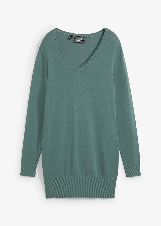 Pull long basique en fine maille à col V, Couleur: gris vert