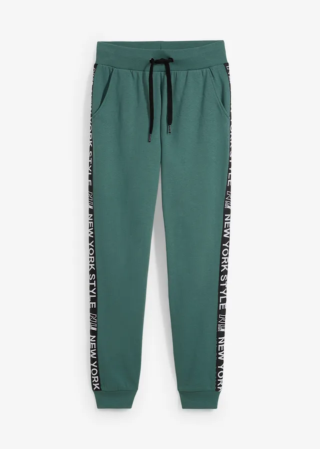 Pantalon de jogging avec finitions bord-côtes et imprimé, Couleur: vert mat imprimé