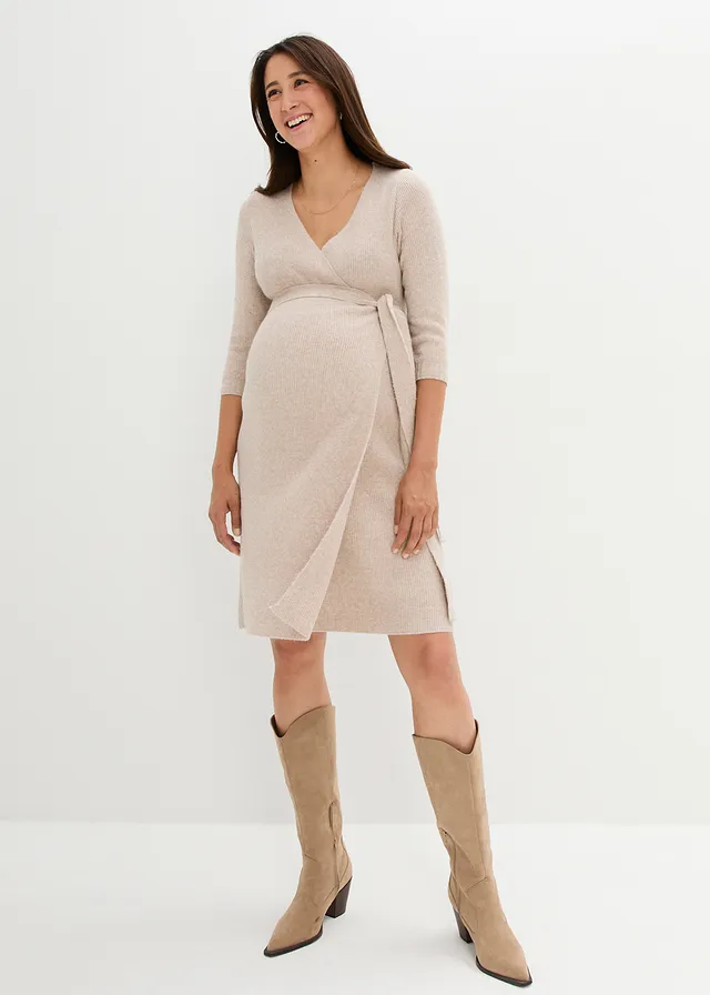 Robe de grossesse/d’allaitement en maille ultra douce à manches 3/4 • beige chiné • product-page.page-title-suffix