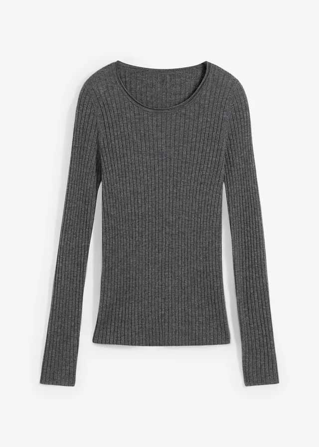 Pull côtelé en laine mérinos, Couleur: gris moyen chiné