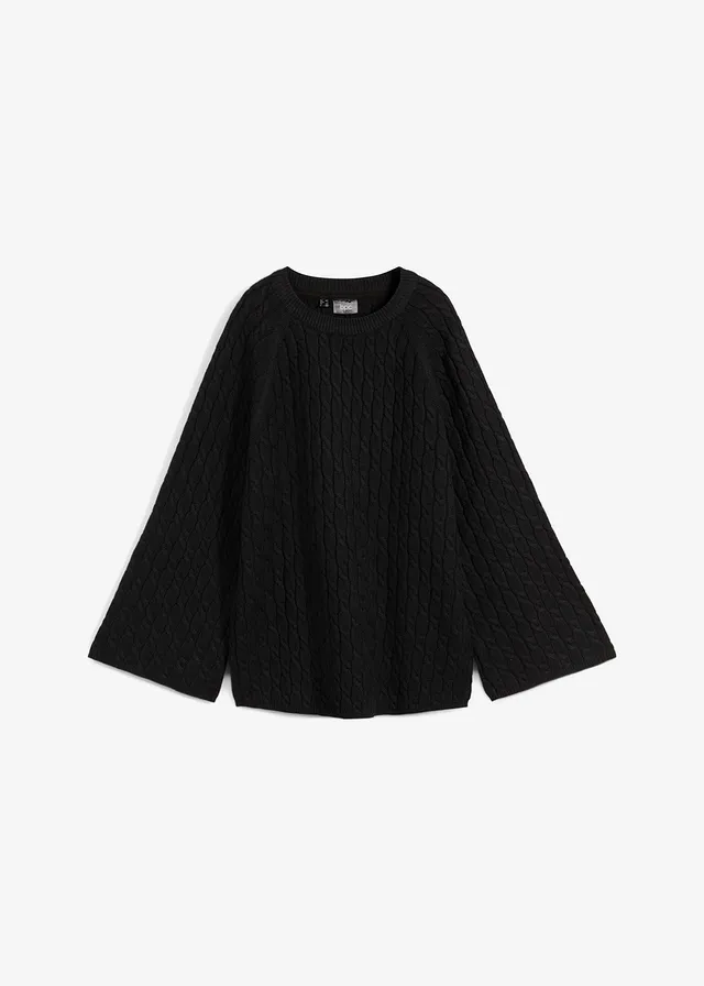Oversized trui met kabelpatroon, Kleur: zwart