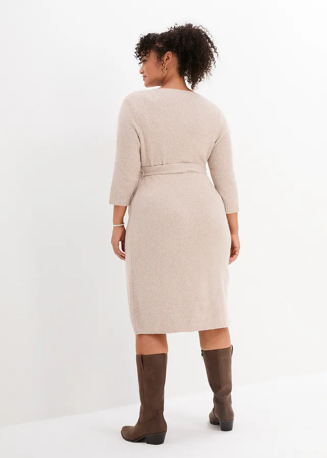 Robe de grossesse/d’allaitement en maille ultra douce à manches 3/4, Couleur: beige chiné