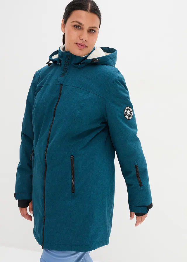 Veste longue outdoor imperméable, doublée sherpa, Couleur: pétrole chiné
