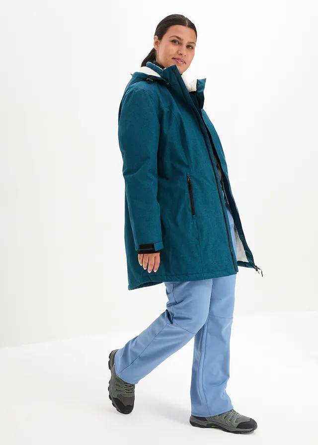 Veste longue outdoor imperméable, doublée sherpa, Couleur: pétrole chiné