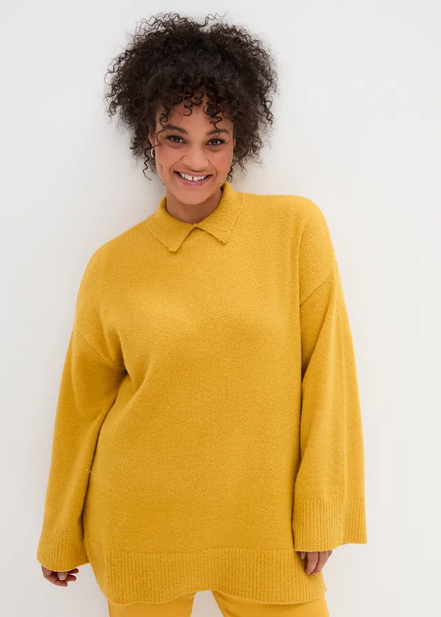 Oversized trui met col en zijsplitten, Kleur: okergoud