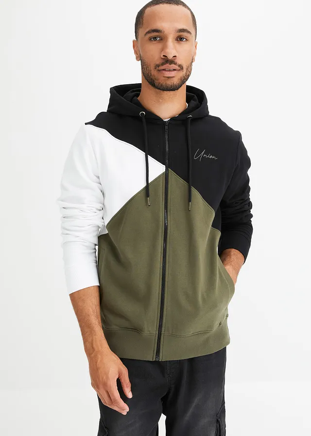 Sweatvest met capuchon van puur biologisch katoen, Kleur: zwart-wit-donkerolijfgroen