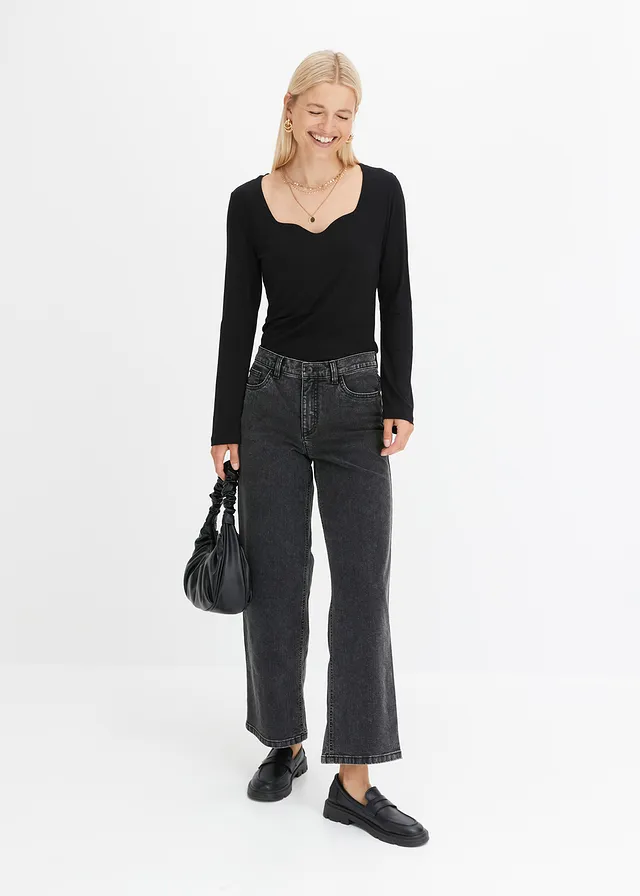Jean Wide Leg taille mi-haute, Couleur: noir denim