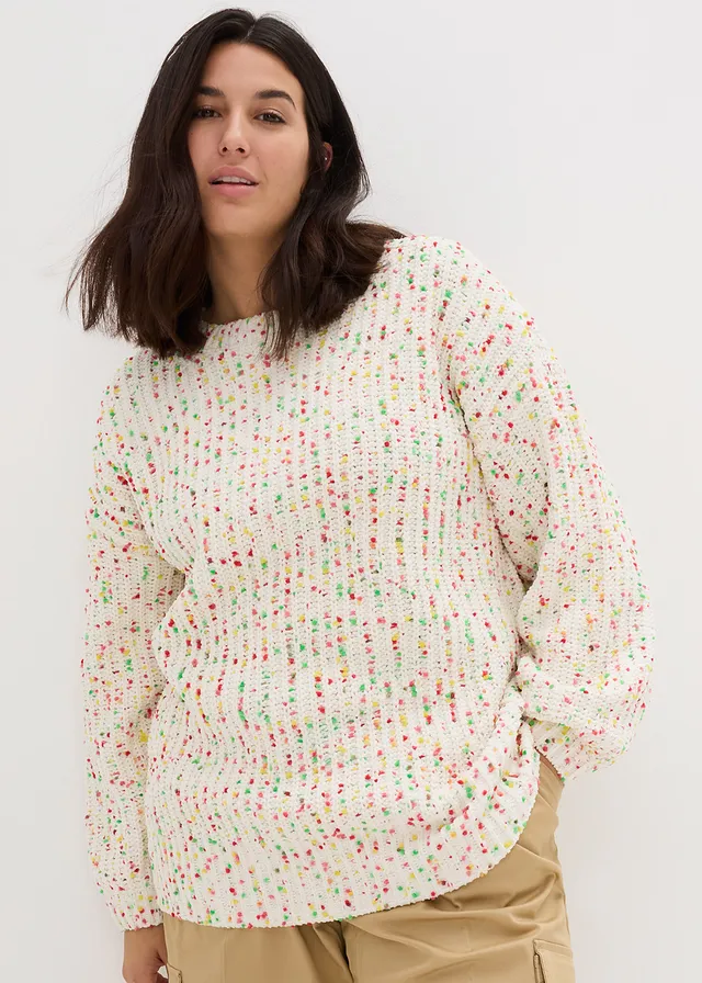 Pull oversize en grosse maille, Couleur: écru pois