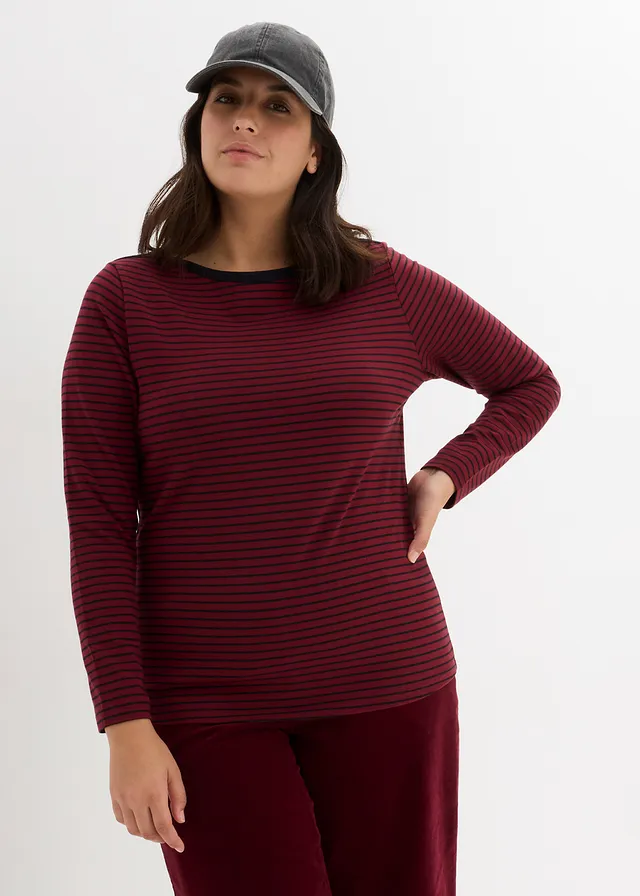 Gestreepte longsleeve met boothals, Kleur: robijnrood-zwart gestreept