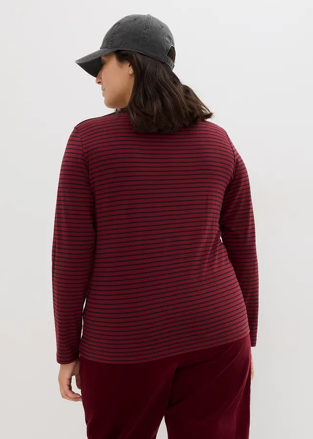 Gestreepte longsleeve met boothals, Kleur: robijnrood-zwart gestreept