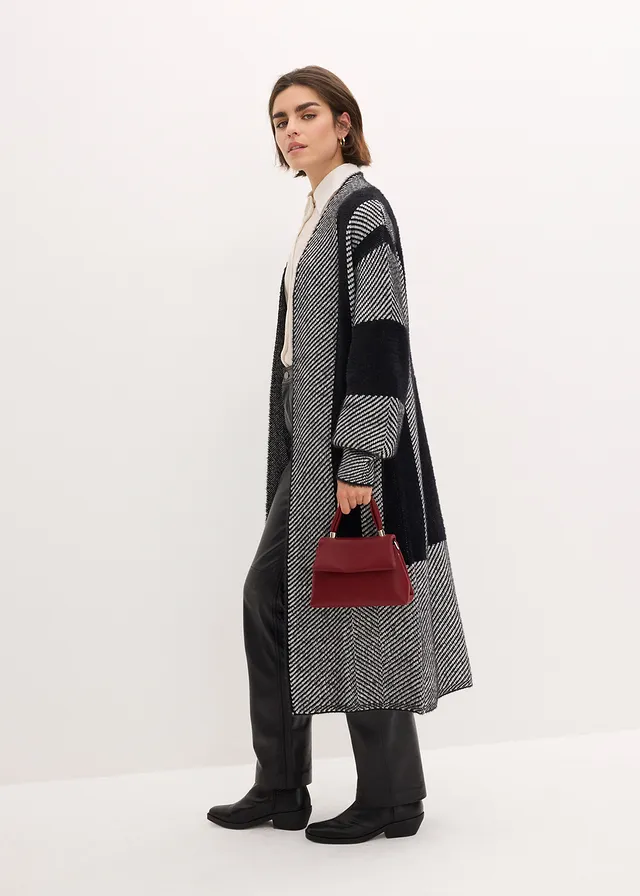Lang gebreid vest, Kleur: zwart-wolwit met print