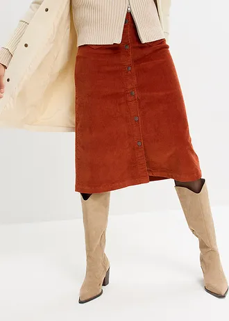 Stretch corduroy midi rok met knoopsluiting, Kleur: roestbruin