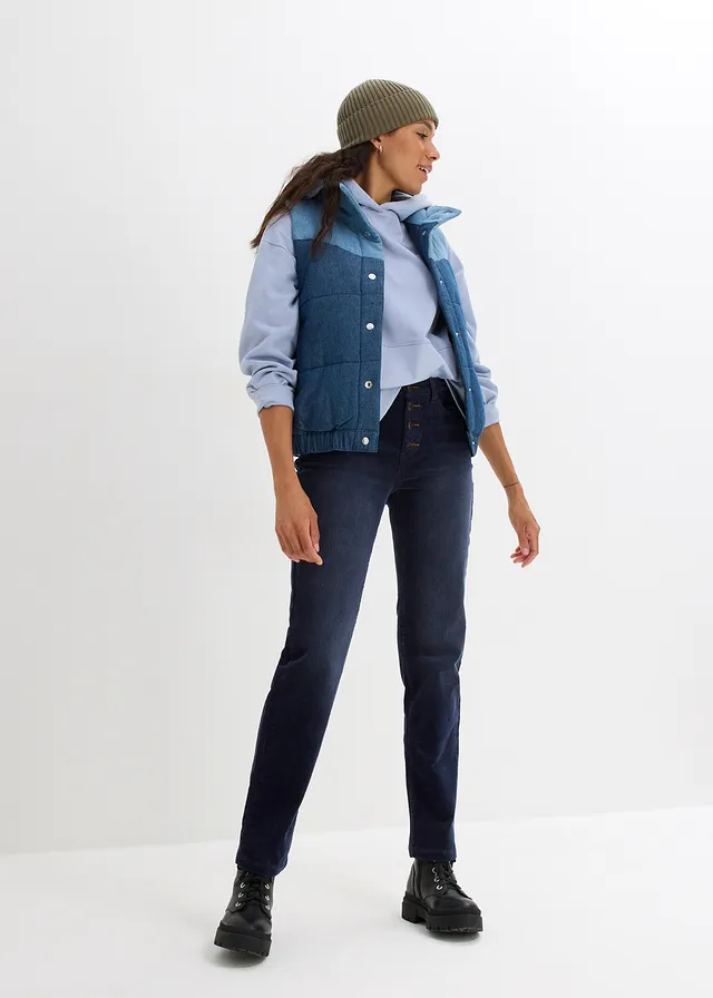 Pantalon droit en velours côtelé extensible, Couleur: bleu foncé